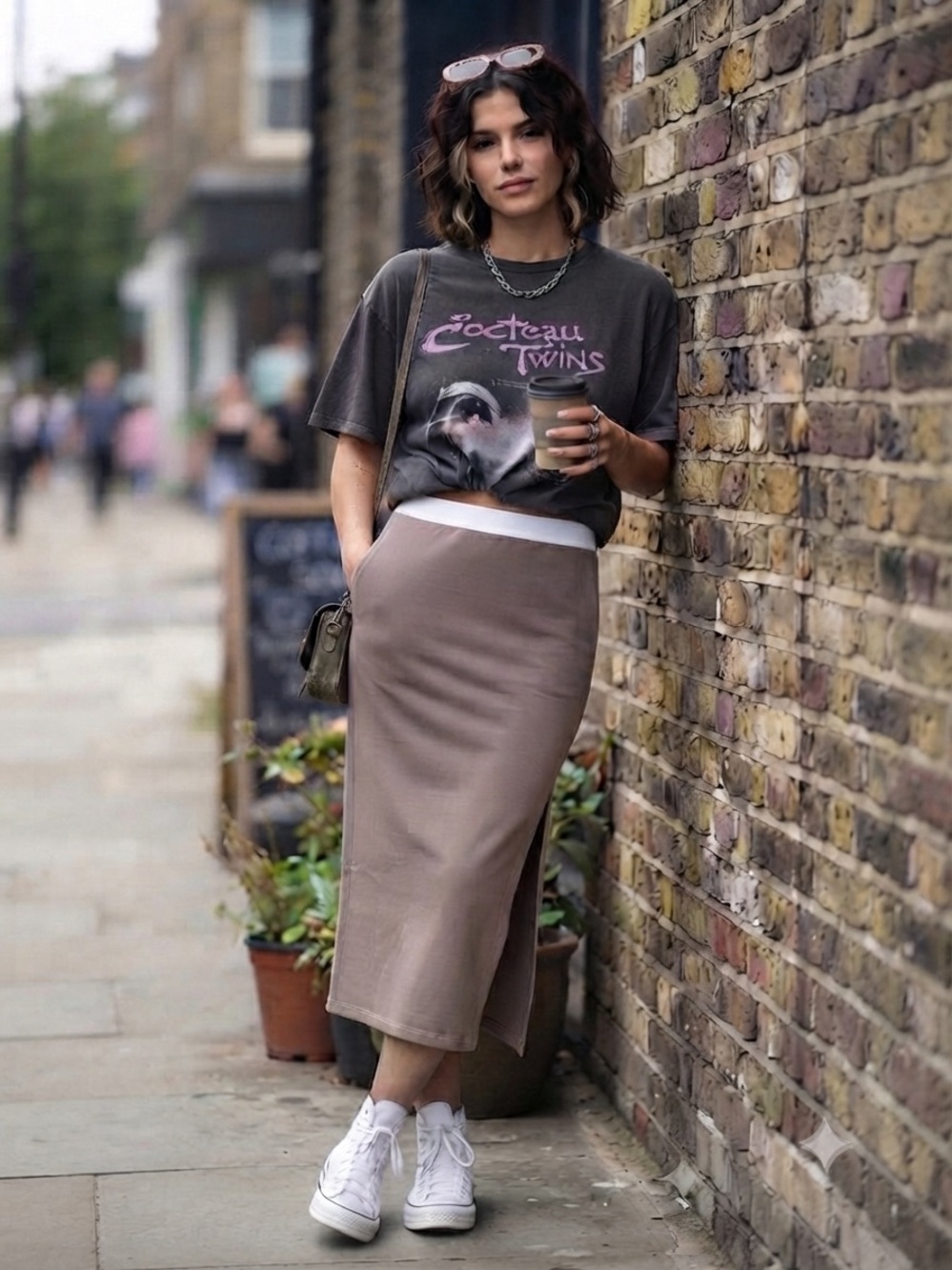 Ediked stylish stretch Midi soft Skirt tulip Taupe Elastic perfect w band tee s